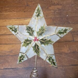 Capiz Shell Holly Berry Star Christmas Tree Topper 10.5" Gold Accents Rare